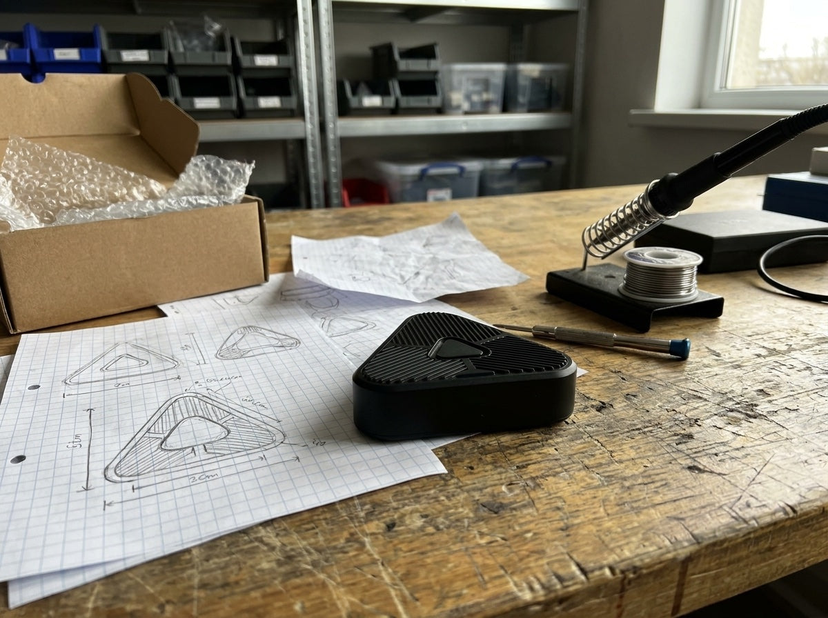 Arbejdsbord med oscilloskop og prototyper af Eoka-clipsen i forskellige versioner