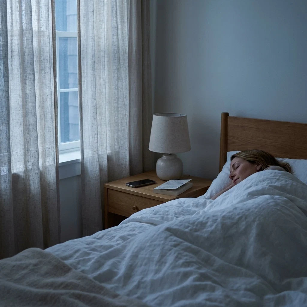 Kvinde der sover roligt i et lyst soveværelse tidligt om morgenen