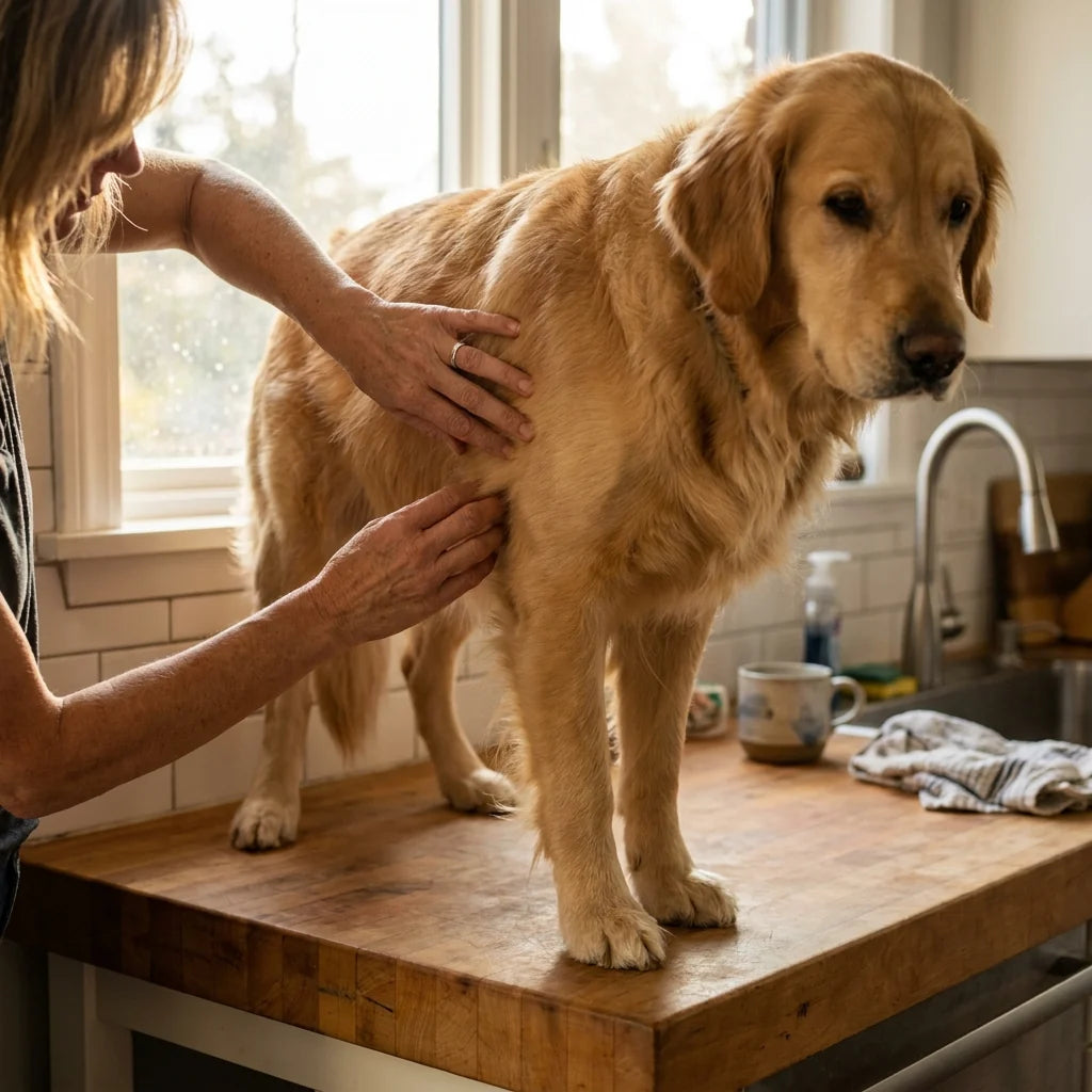 Person der føler sig gennem pelsen på en golden retriever inde i et køkken