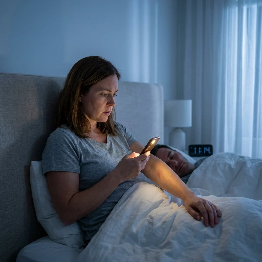 Kvinde der sidder op i sengen sent om aftenen og lyser med mobilen på en plet på armen