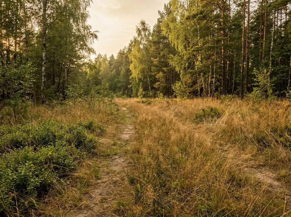 Solbeskinnet sti gennem blandet skov med birk, fyr og højt tørt græs
